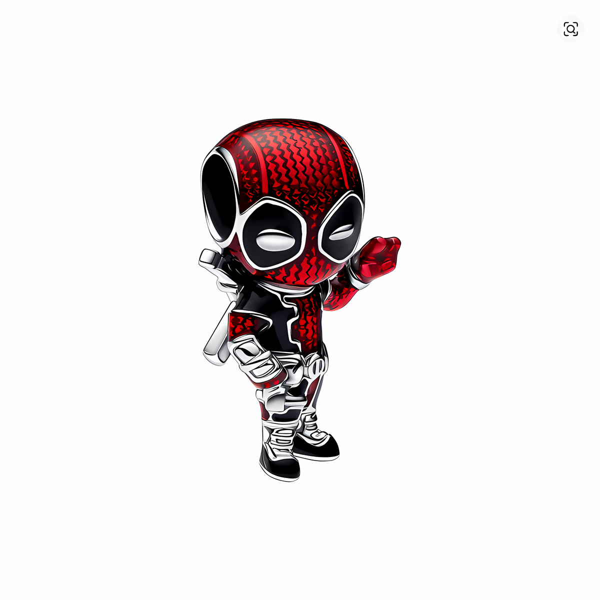 Charm bead chibi Deadpool Marvel en plata con esmalte rojo negro y katanas a la espalda