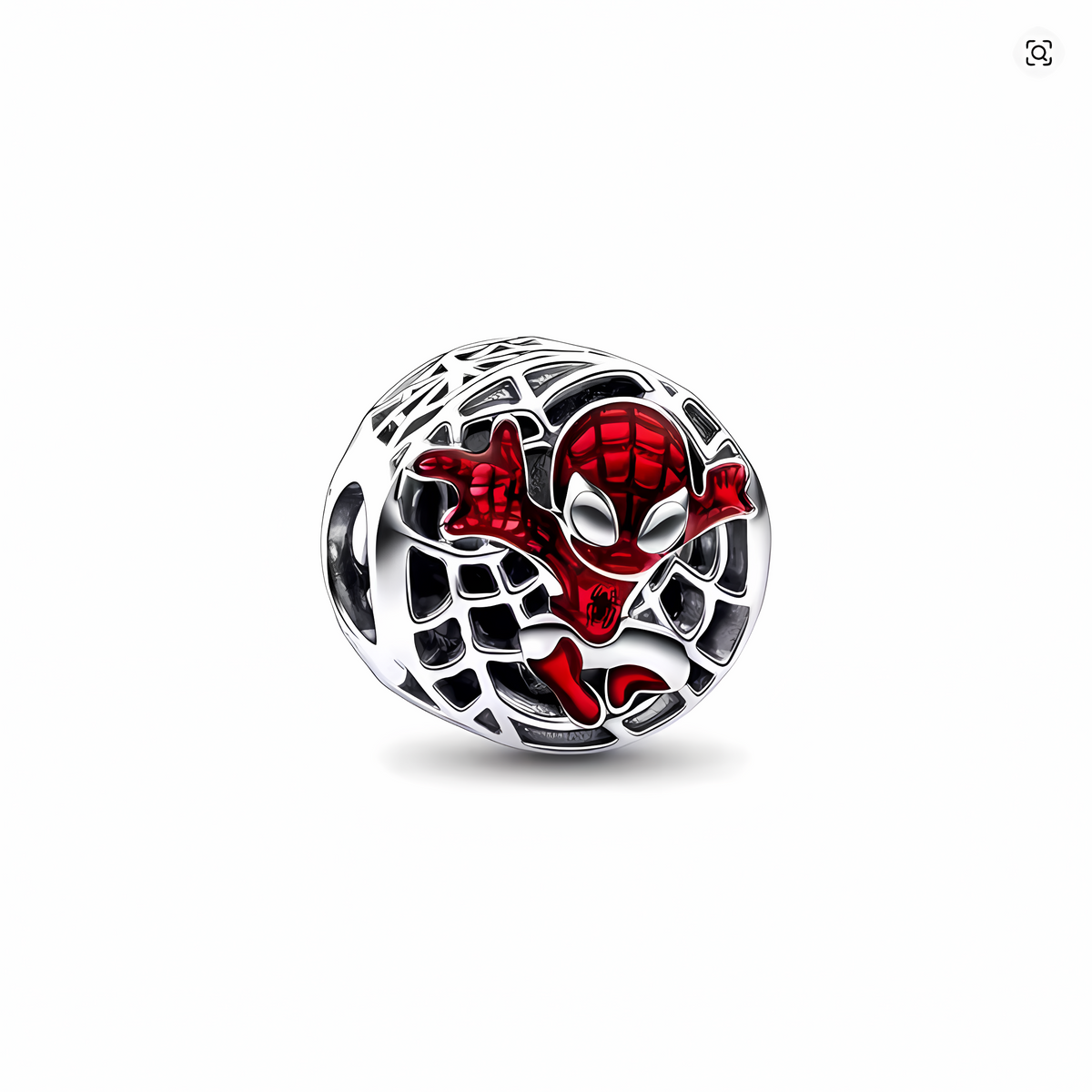 Charm bead redondo Spider-Man Marvel en plata calada con tela de araña y esmalte rojo