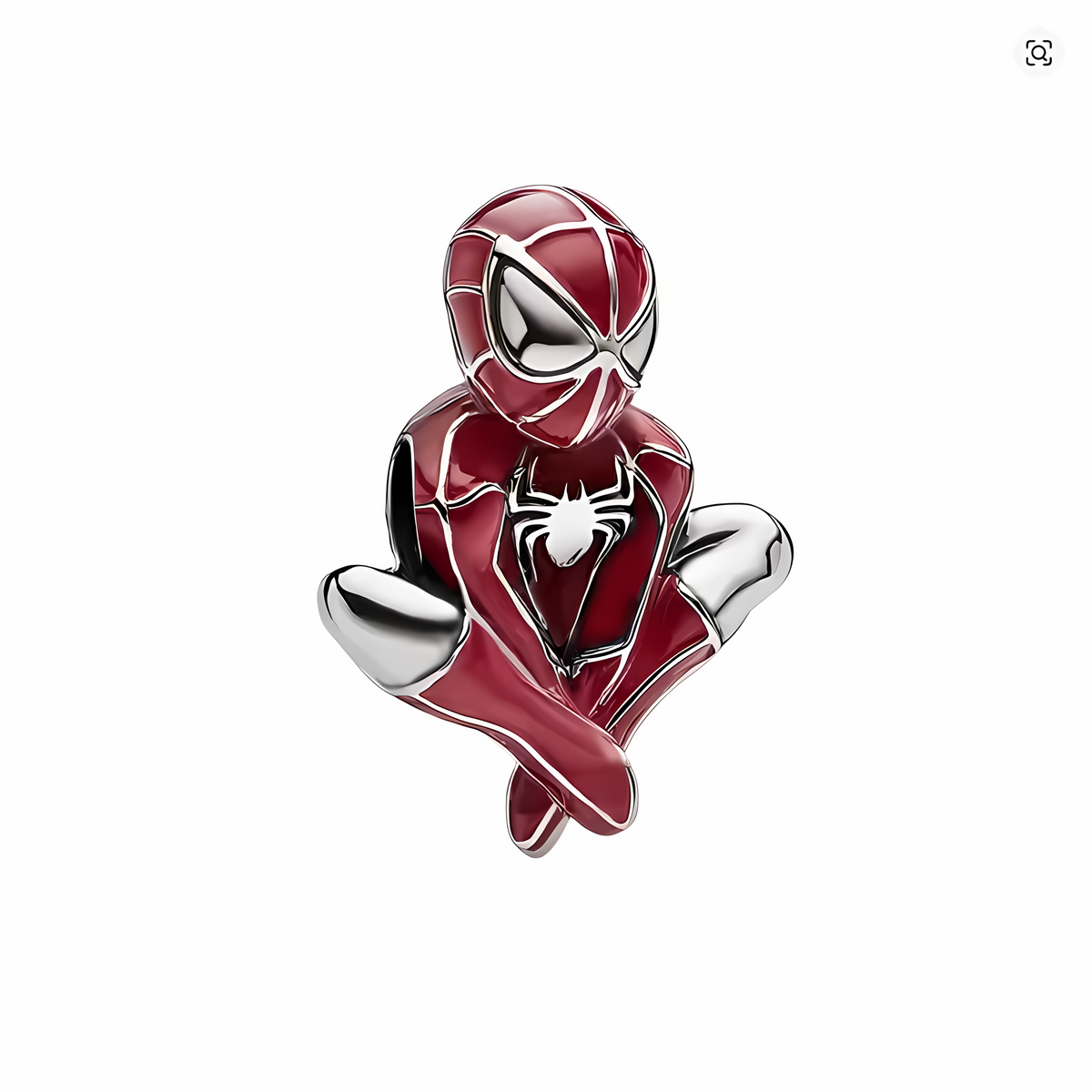 Charm bead Spider-Man sentado Marvel en plata con esmalte rojo granate y logo araña
